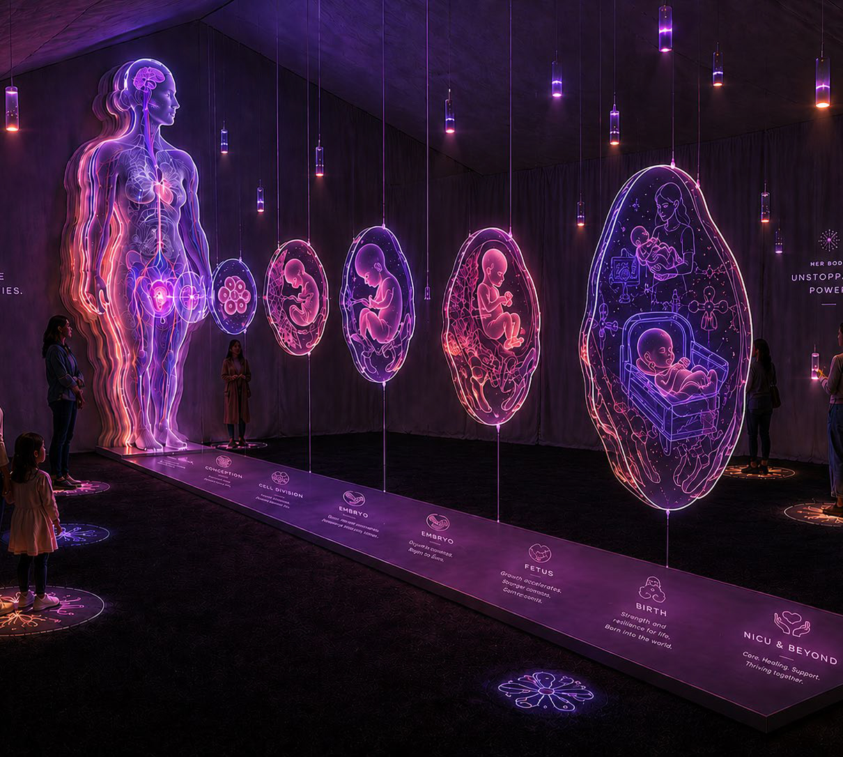 Illuminated wall installation tracing the journey of pregnancy from conception through birth
